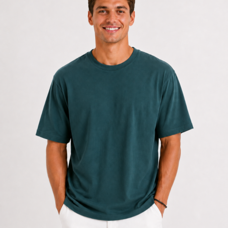 Erkek Tam Oversize Kalıp Kalın %100 Pamuk Bisiklet Ribana Yakalı Petrol Yeşili T-Shirt