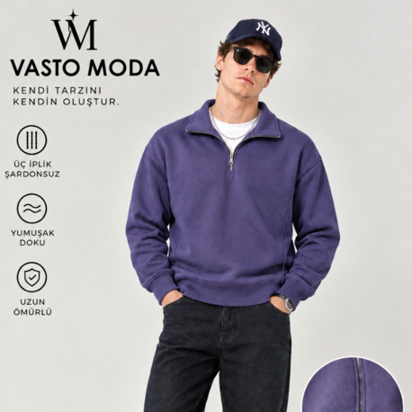 Vasto Moda Erkek Oversize Kalın Dokulu 3 İplik Şardonsuz Bisiklet Yakalı Basic Yarım Fermua