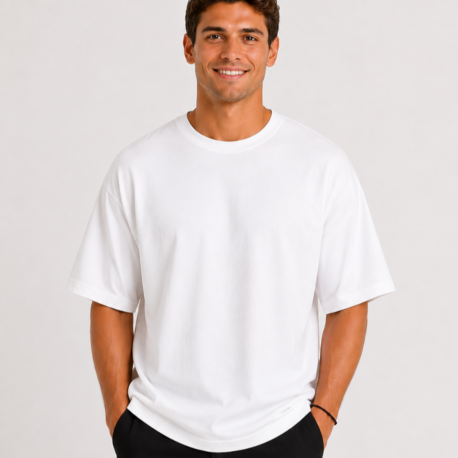 Erkek Oversize Kalın Dokulu %100 Organik Pamuk Bisiklet Ribana Yakalı Beyaz T-Shirt