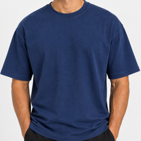 Erkek Oversize Kalın Dokulu %100 Organik Pamuk Bisiklet Ribana Yakalı Lacivert T-Shirt