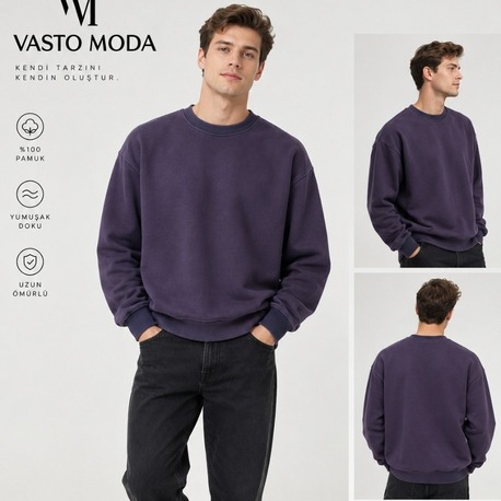 Erkek Oversize Kalın Dokulu 3 İplik Şardonsuz Ribanalı Bisiklet Yakalı Basic Mor Sweatshirt