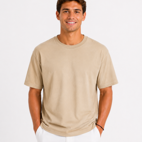 Erkek Tam Oversize Kalıp Kalın Dokulu %100 Organik Pamuk Bisiklet Ribana Yakalı Bej T-Shirt