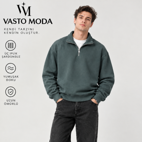 Vasto Moda Erkek Oversize Kalın Dokulu 3 İplik Şardonsuz Bisiklet Yakalı Basic Yarım Fermua