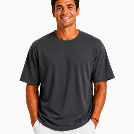 Erkek Tam Oversize Kalıp Kalın Dokulu %100 Organik Pamuk Bisiklet Ribana Yakalı Füme T-Shirt