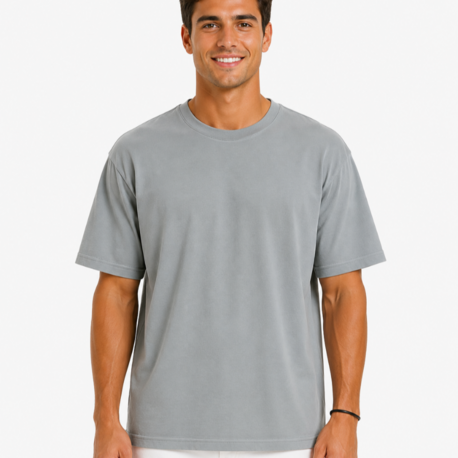 Erkek Tam Oversize Kalıp Kalın Dokulu %100 Pamuk Bisiklet Ribana Yakalı Açık Gri T-Shirt