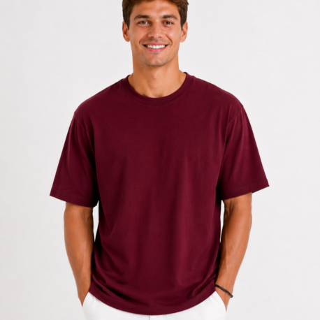 Erkek Oversize Kalın Dokulu %100 Organik Pamuk Bisiklet Ribana Yakalı Bordo T-Shirt