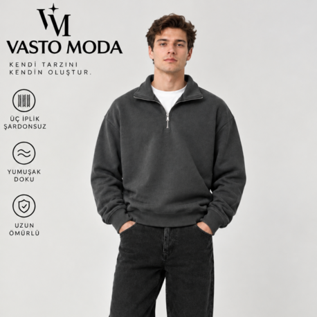 Vasto Moda Erkek Oversize Kalın Dokulu 3 İplik Şardonsuz Bisiklet Yakalı Basic Yarım Fermua
