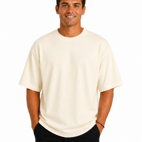 Erkek Oversize Kalın Dokulu %100 Organik Pamuk Bisiklet Ribana Yakalı Ekru T-Shirt