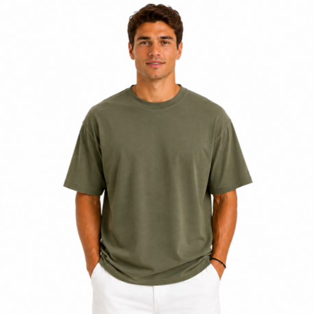 Erkek Tam Oversize Kalıp Kalın Dokulu %100 Organik Pamuk Bisiklet Ribana Yakalı Haki T-Shirt