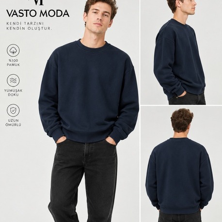 Erkek Oversize Kalın Dokulu 3 İplik Şardonsuz Bisiklet Yakalı Basic Lacivert Sweatshirt