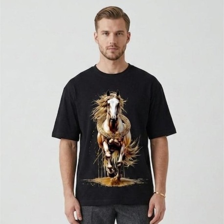  Oversize Tişört -Türk Mitolojisi Unisex At Figürlü  - %100 Pamuk