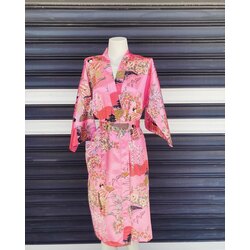 Beli Kuşaklı Pembe Saten Kimono