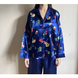 Mavi Çiçekli İpek Saten Pijama Takımı