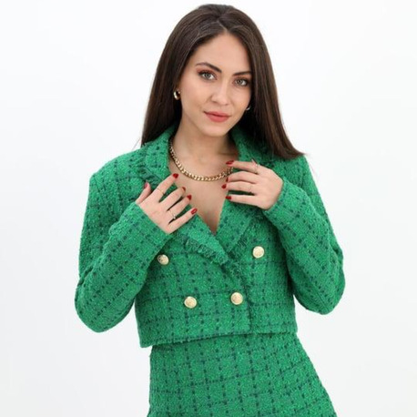 Yeşil Kruvaze Crop Ceket & Mini Etek Takım