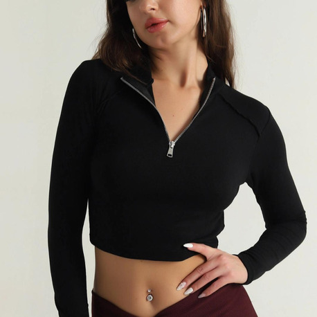 Siyah Uzun Kollu Fermuarlı Crop