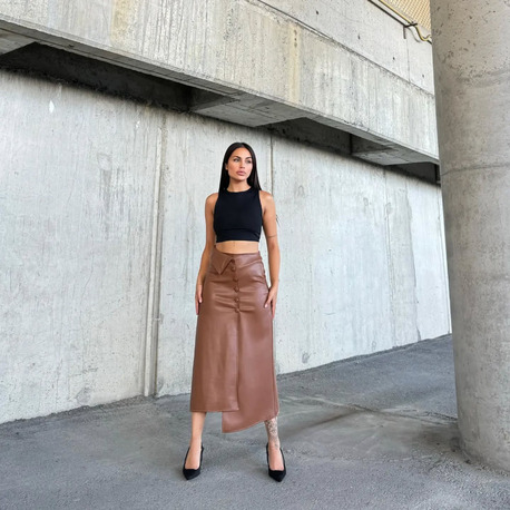 Caramel Faux Leather Midi Etek