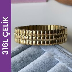 Akordiyon Çelik Bileklik Kalın Boğumlu Gold