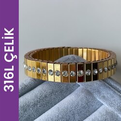 Akordiyon Çelik Bileklik Tektaş Gold