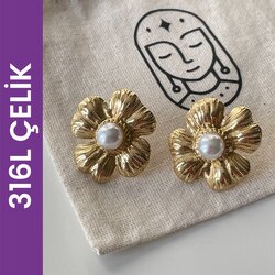 Çelik incili çiçek küpe Gold