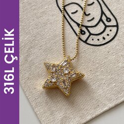 Gold Taşlı Yıldız Çelik Kolye