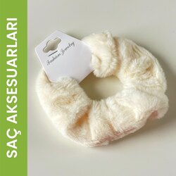 Peluş Lastikli Toka Krem