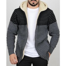 Siyah ve Gri Çizgi detay Kürklü Hırka