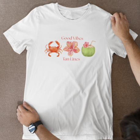 Good Vibes Tropikal Tişört, Yengeç ve Çiçek Tasarımı, Unisex Yazlık Tişört