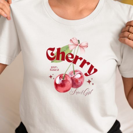 Cherry T-shirt Günlük Stil İçin %100 Pamuk Bisiklet Yaka Tişört