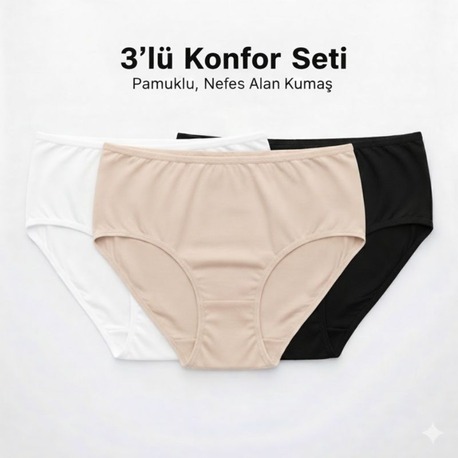 WOAN 3’lü Bayan Külot Seti Pamuklu Siyah Beyaz Ten Rengi M L XL XXL