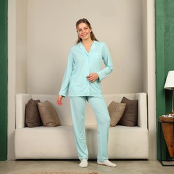 Nolihoo® Kadın Mint Pijama Takımı Uzun Kollu 2 Parça İç Mekan Giyim 