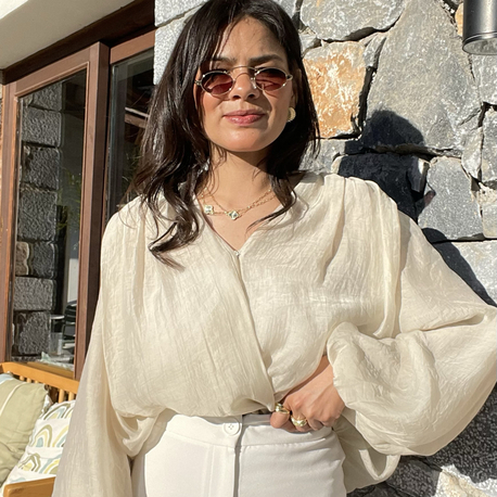 Kruvaze yaka, Tencel bej bluz