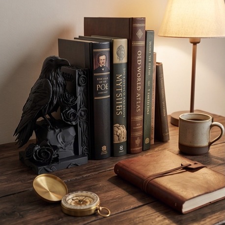 Kuzgun Tasarımlı Dekoratif Kitap Tutucu - Gotik Raven Bookend Ofis ve Kütüphane Aksesuarı