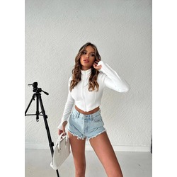 YK2001 OTTOMAN KUMAŞ EL GEÇMELİ FERMUARLI BEYAZ CROP TOP