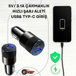 OTO ÇAKMAKLIK HIZLI ŞARJ ALETİ Typ-c& usb