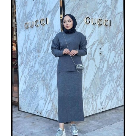 Gri Asimetrik Yelekli İkili Elbise 135 cm