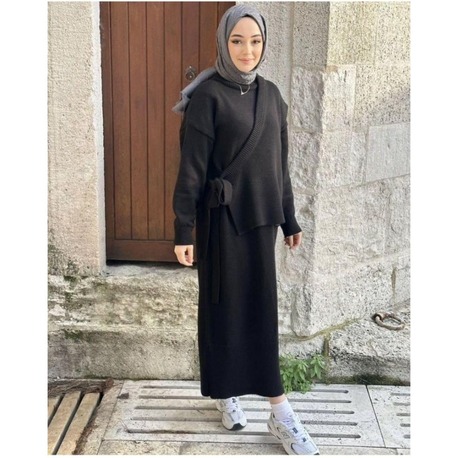 Siyah Asimetrik Yelekli İkili Elbise 135 cm