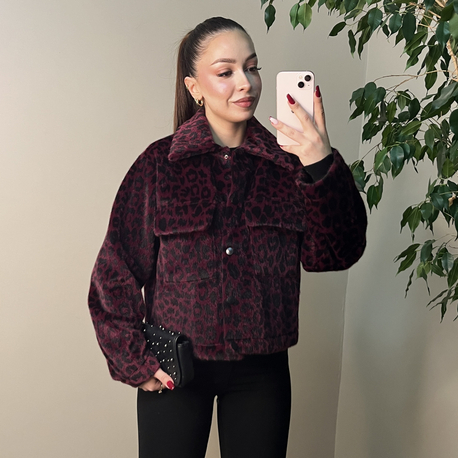 Bordo Leopar Angora Ceket 