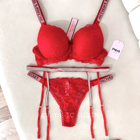 Victoria’s Secret Kırmızı Dantelli Very Sexy Shine Jartiyer Takım