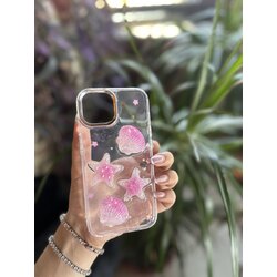 A Pink 3D Denizyıldızı ve Midye Glitter Tam Kaplama Telefon Kılıfı, (Iphone 15)