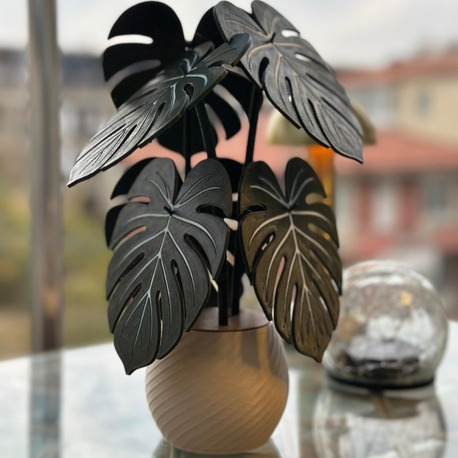 Monstera Yaprağı Tasarımlı 6'lı Dekoratif Nihale Seti ve Saksı Standı