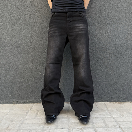 Bootcut Faded Black Flared Denim Pants with Whiskering •