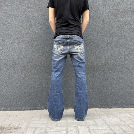 Bootcut Wing Design Flared Jeans Vintage Wash •