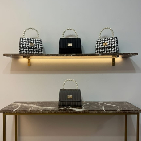 İnci Saplı Lüks Mini Çanta: Gold Tokalı ve Houndstooth (Ekose) Desenli