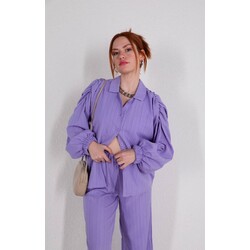 Krinkıl kumaş gömlek pantolon takım lila renk