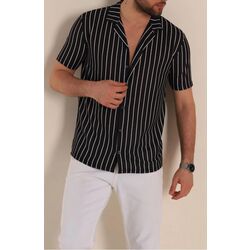 Siyah Beyaz Çizgili Slim Fit Likralı Kısa Kollu Erkek Gömlek