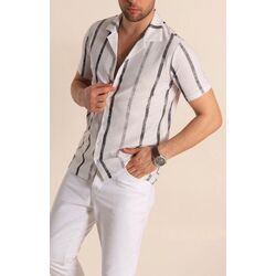Antrasit Geniş Çizgili Slim Fit Apaş Yaka Kısa Kollu Erkek Gömlek