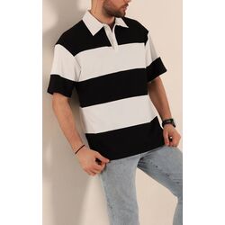 Siyah Beyaz Geniş Çizgili Oversize İki İp Polo Yaka Erkek Tişör