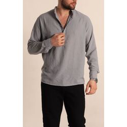 Relaxed Fit Hakim Yaka Yarım Düğmeli Erkek Keten Gömlek