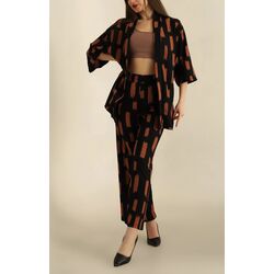 Kahverengi Okyanus Kumaş Kimono Pantolon Takım