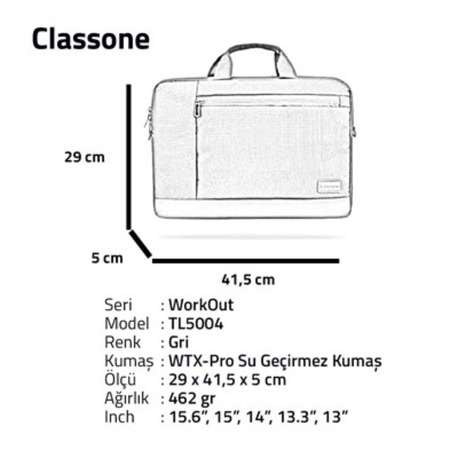 Classone Workout TL5004 15.6" Su Geçirmez Kumaş ,macbook , Notebook, Laptop El Çantası - Gri